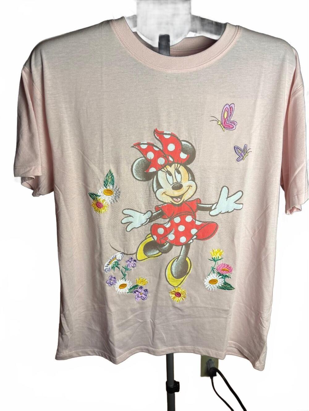 New NWT Pink Disney Minnie Mouse T Shirt w Floral Embroidery sz L